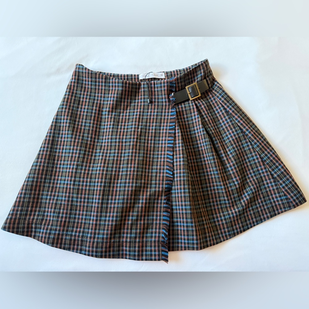 Zara orange/blue/brown Plaid Mini Skirt with Buckle